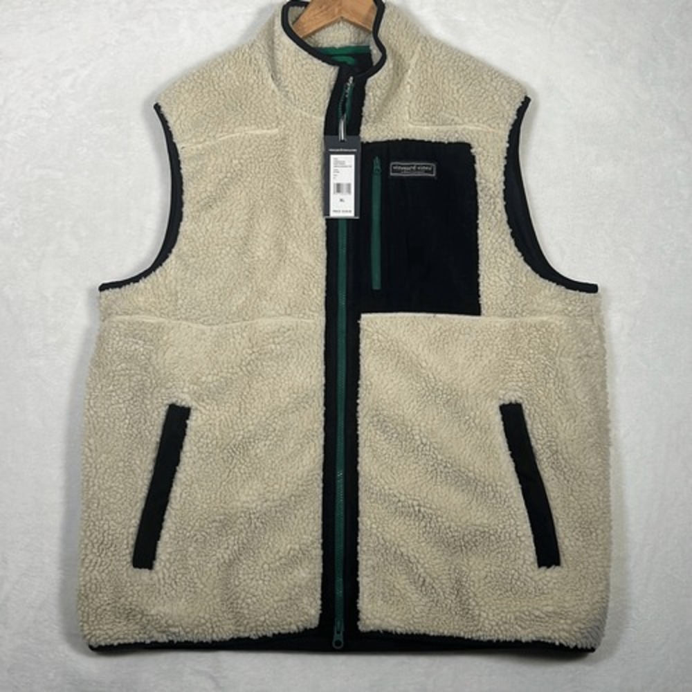 Vineyard Vines Vest Sherpa Fleece Deep Pile Stone Full Zip NWT Men Size XL